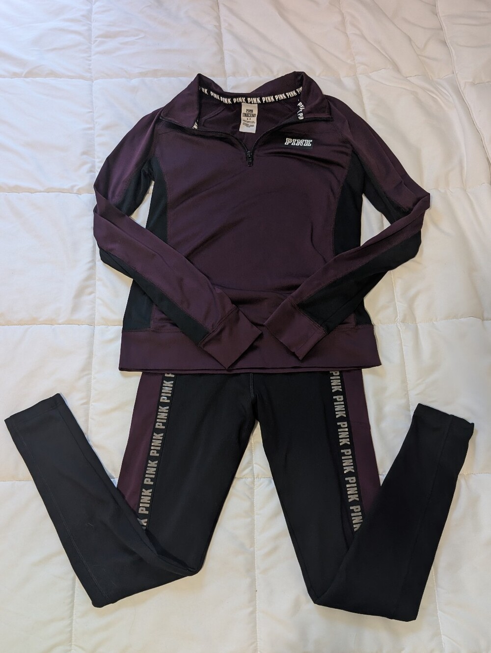 PINK Victoria's Secret Women's Purple Half-Zip Top & Black Leggings Active Set